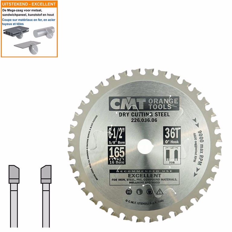 Multi-cirkelzaagblad met hardmetalen tanden D=165mm B=15,87mm K=1,6mm Z36