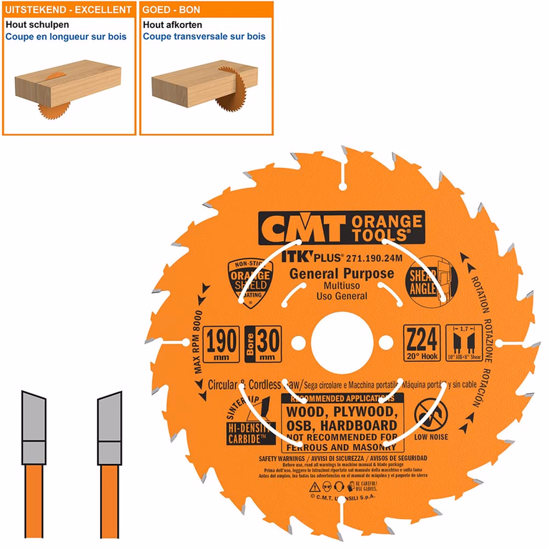Dunne schulp-en afkortzaag met hardmetalen tanden D=190mm B=16mm K=1,7mm Z24