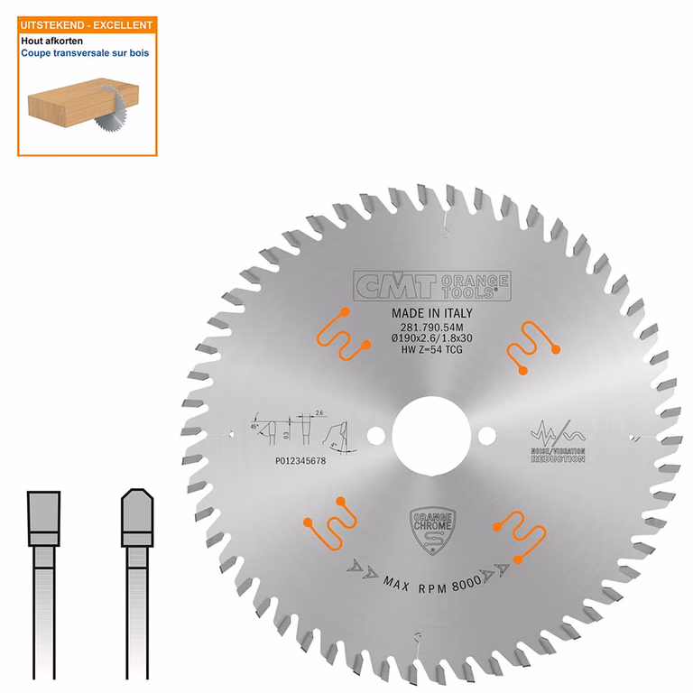 Plaat- en kunststof zaagblad met hardmetalen tanden D=190mm B=30mm P=1,8mm Z54