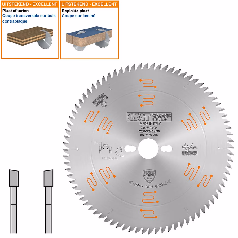 Geluidsarme HW afkortzaag geschikt voor hout D=250mm K=3,2mm P=2,2mm Z80