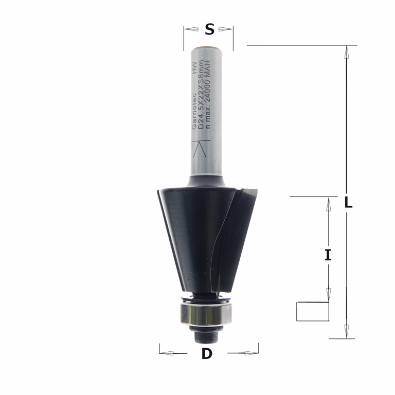 Afkantfrees met geleidelager, HW D=24,5mm L=71,1mm I=22mm A=15°