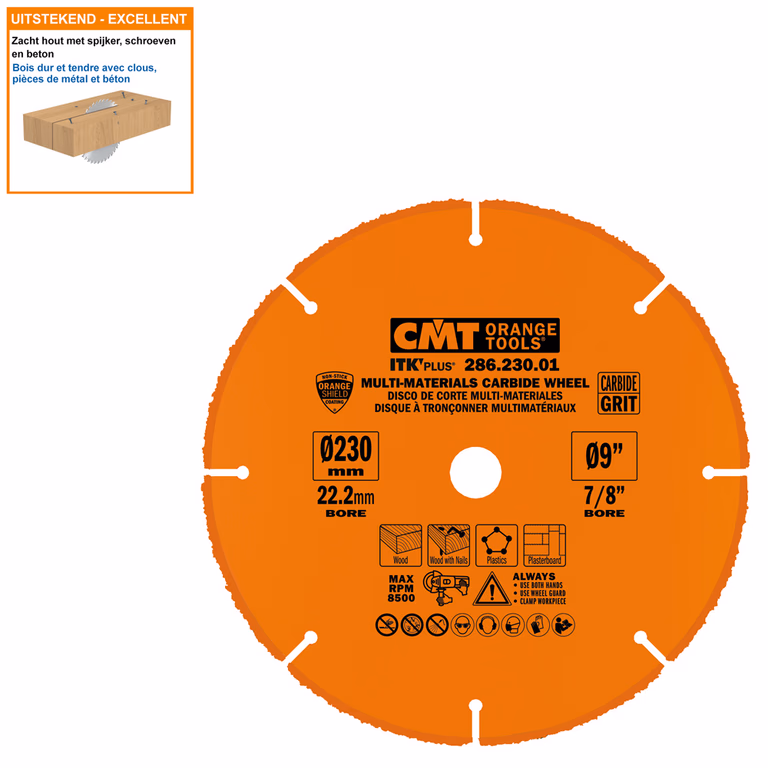 Hardmetalen cirkelzaag voor haakse slijper D=230mm B=22,23mm K=3mm