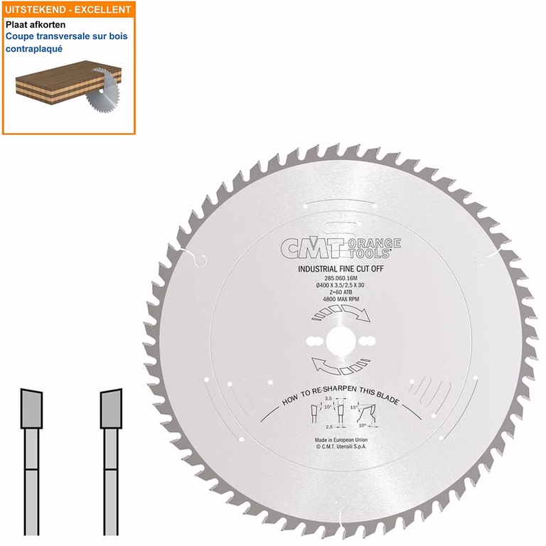 Afkortzaag met hardmetalen tanden geschikt voor hout D=400mm K=3,5mm P=2,5mm Z60