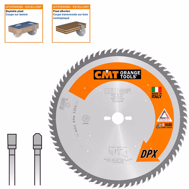 Plaatzaagblad met DPX hardmetalen tanden D=350mm B=30mm K=4,4mm P=3,2mm