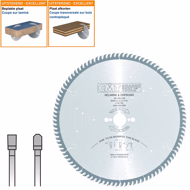 Plaat- en kunststof zaagblad met hardmetalen tanden D=300mm K=3,2mm P=2,2mm Z96