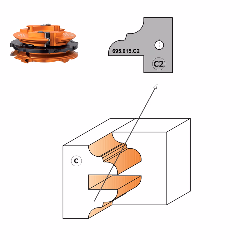 Profielmes voor 3-delige meubeldeurprofielfrees type C2 L=29,8mm K=2mm