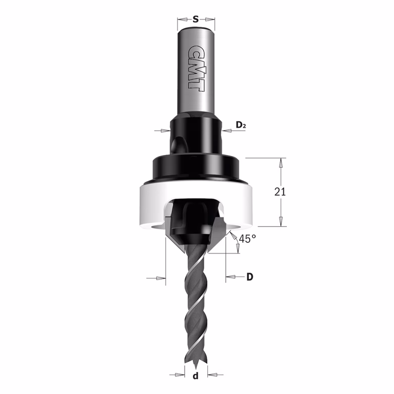 Verzinker met diepte instelling, rechts D=16mm S=10mm A=45° d=4,5mm