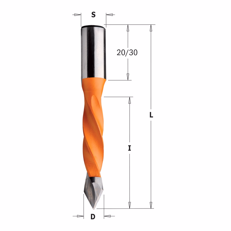 Spitse drevelboor, links D=5mm L=57,5mm L1=20mm I=30mm
