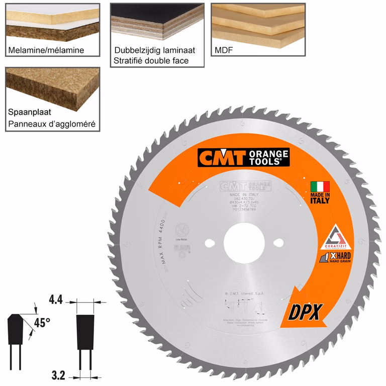 Plaatzaagblad met DPX hardmetalen tanden D=430mm B=65mm K=4,4mm P=3,2mm