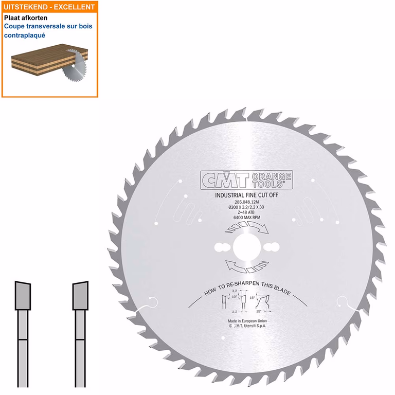 Afkortzaag met hardmetalen tanden geschikt voor hout D=300mm K=3,2mm P=2,2mm Z48 · 285.048.12M