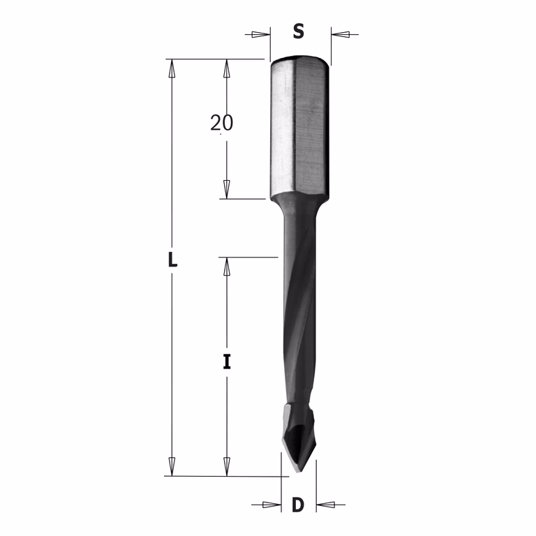 Spitse drevelboor, rechts D=8mm L=56mm L1=20mm I=30mm