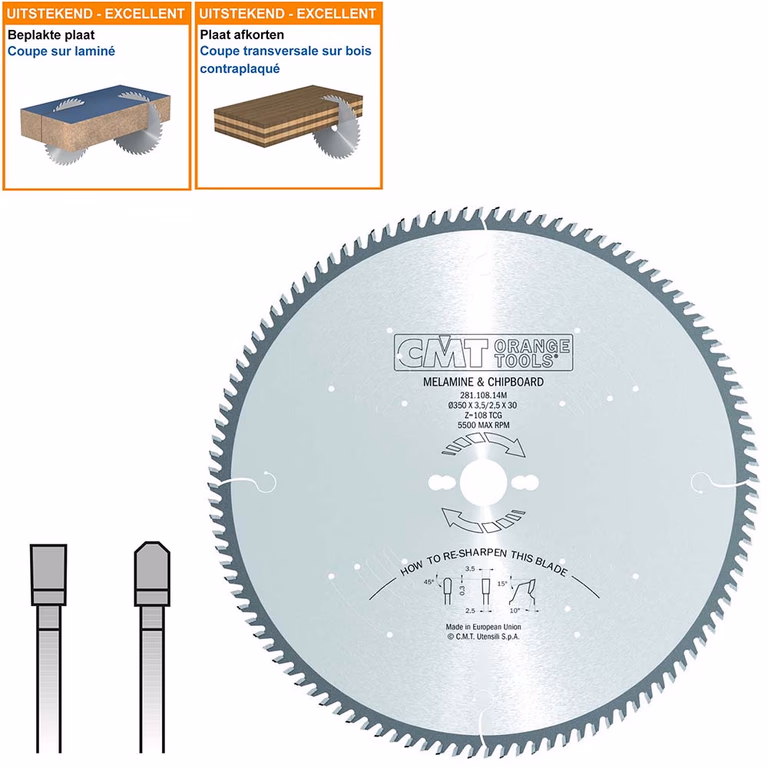 Plaat- en kunststof zaagblad met hardmetalen tanden D=350mm K=3,5mm P=2,5mm Z108
