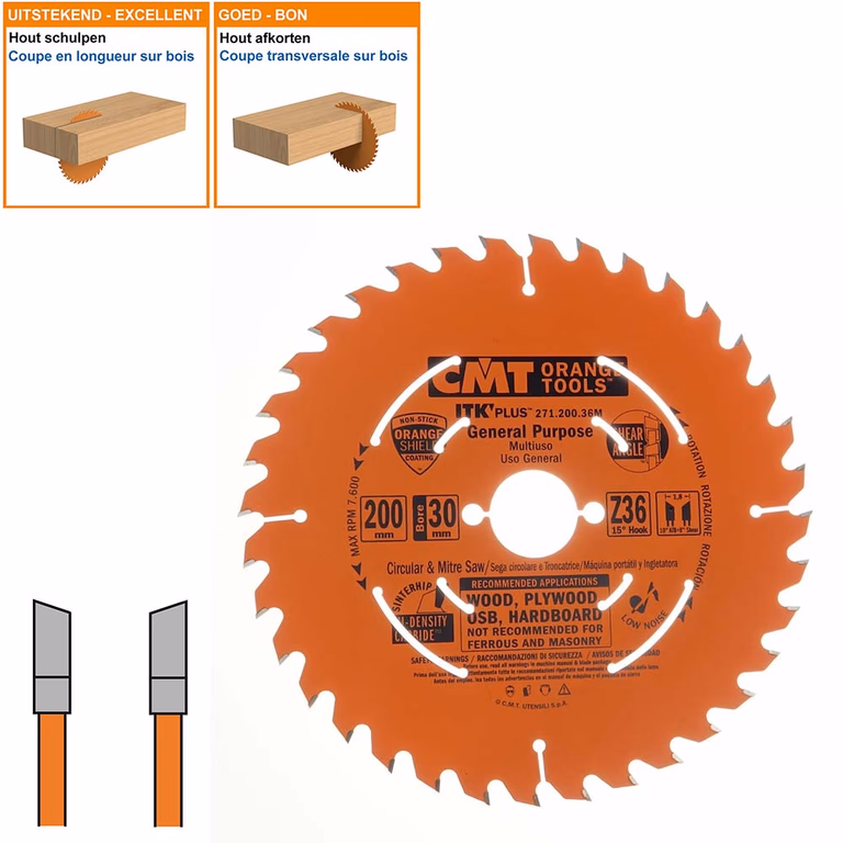 Dunne schulp-en afkortzaag met hardmetalen tanden D=200mm B=30mm K=1,8mm Z36