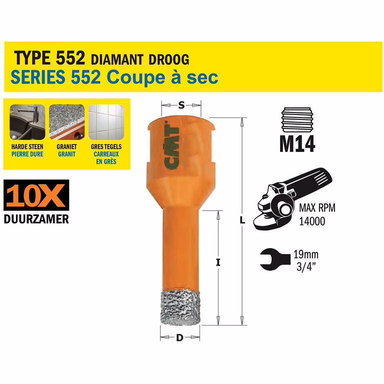 Gatzaag voor extreem harde materialen D=18mm S=M14 L=60mm I=35mm