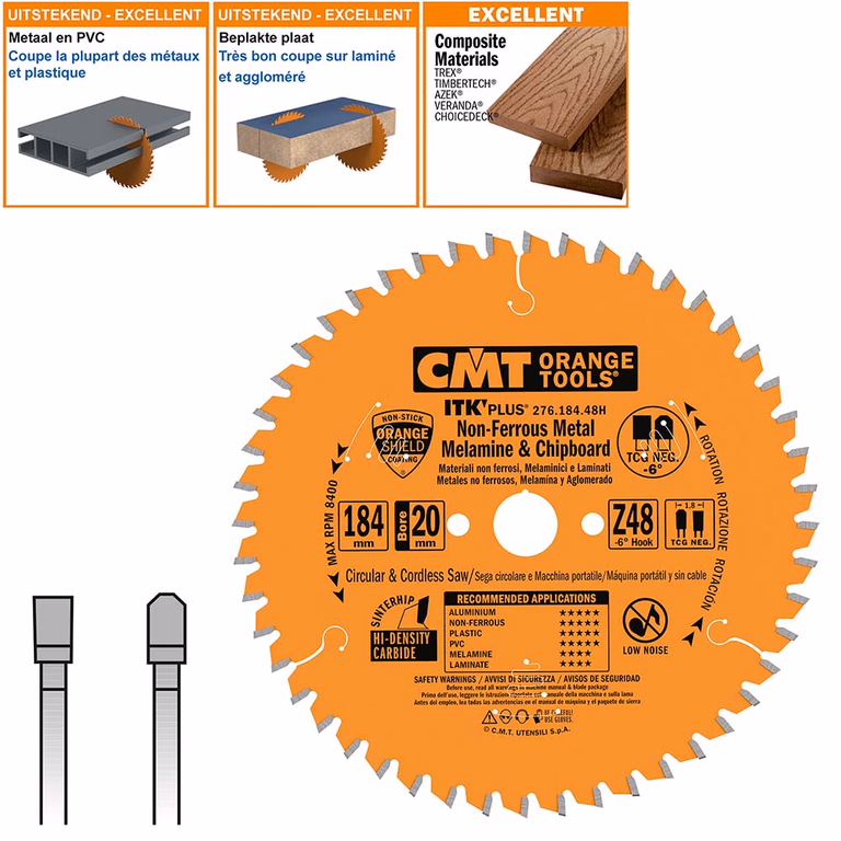 Dun zaagblad voor non-ferro metalen en hard materiaal D=184mm B=15,87mm K=1,8mm Z48