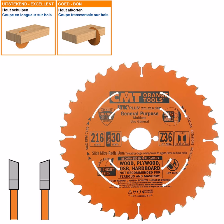 Dunne schulp-en afkortzaag met hardmetalen tanden D=216mm B=30mm K=1,8mm Z36