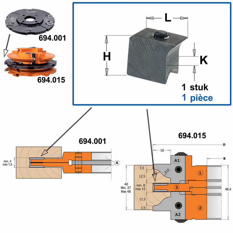 Spanblok voor profielmes, frees (3) L=11mm K=7mm