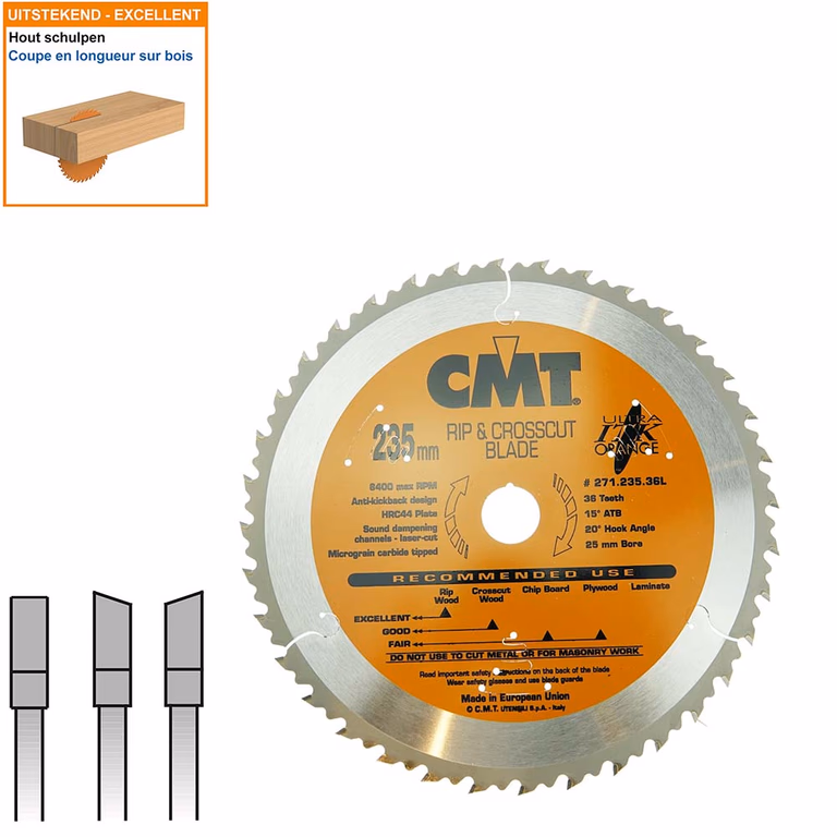 Dunne schulp-en afkortzaag met hardmetalen tanden D=235mm B=25mm K=1,7mm Z36
