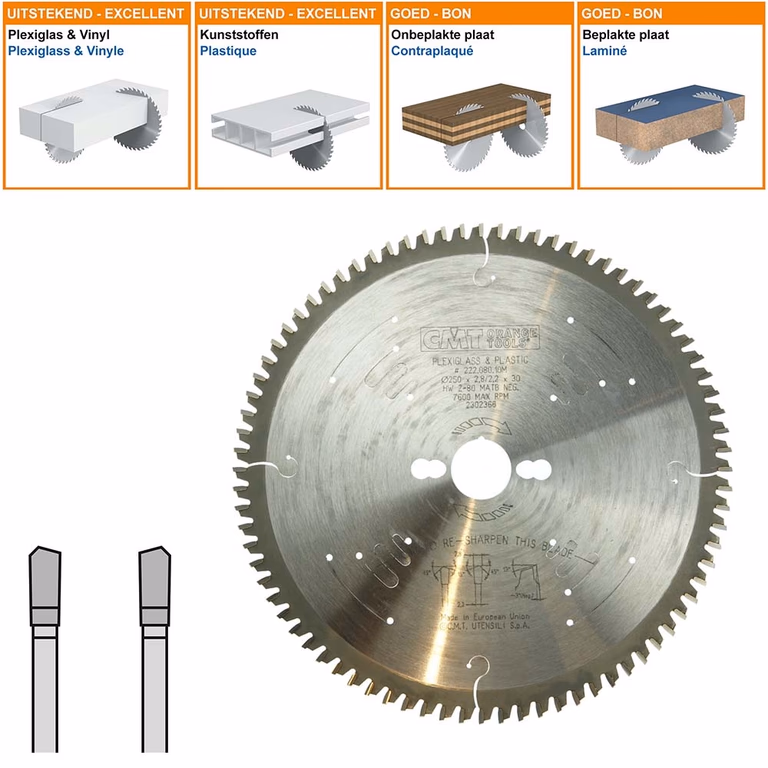 HW speciaalzaag voor plexiglas en kunststof D=250mm K=2,8mm P=2,2mm Z80