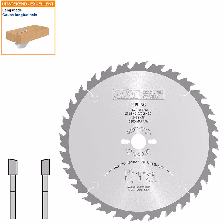 Schulpzaag met hardmetalen tanden voor hout D=315mm K=3,2mm P=2,2mm Z28