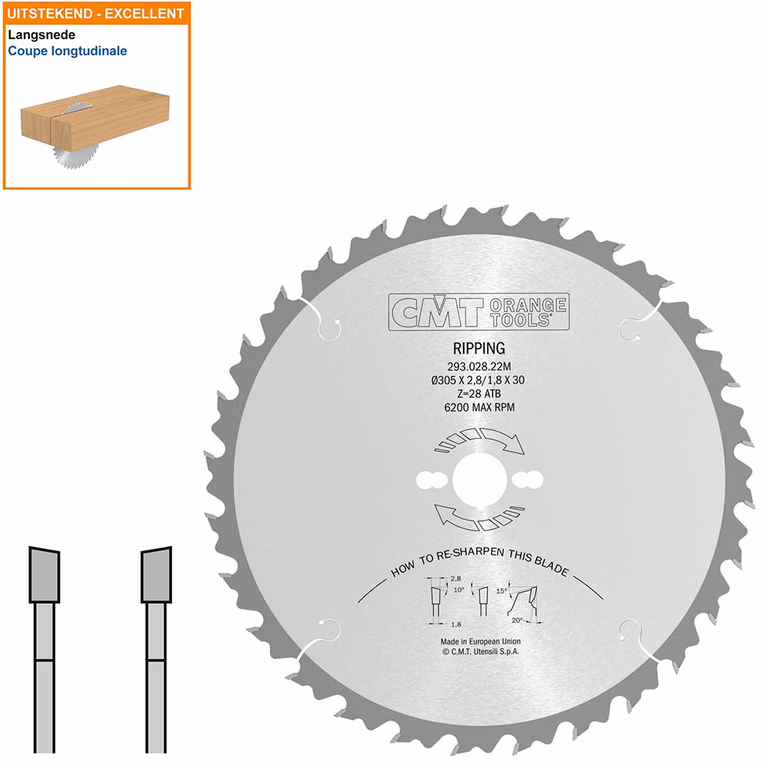 Schulpzaag met hardmetalen tanden voor hout D=305mm K=2,8mm P=1,8mm Z28