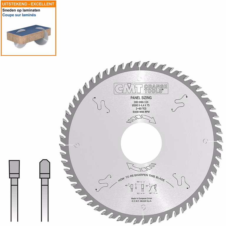 Opdeelcirkelzaagblad met hardmetalen tanden D=300mm B=75mm K=4,4mm Z60