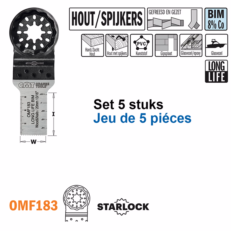 Multitoolzaagblad voor hout met spijkers, 20mm · OMF183-X5