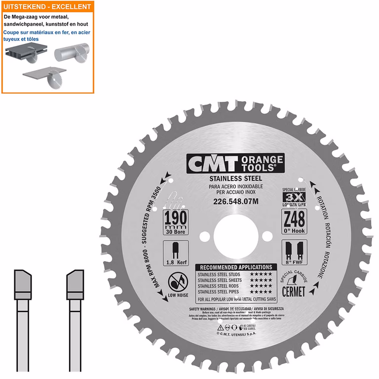 Hard metaal zaagblad voor roestvast staal D=190mm B=30mm K=1,8mm Z48