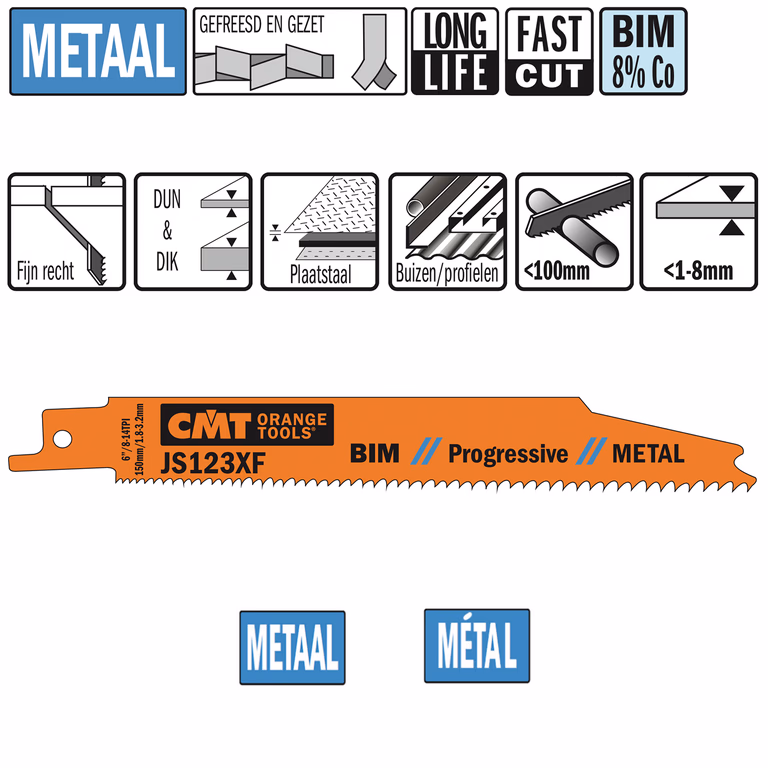 Reciprozaagblad Bi-metaal 150mm x 0,9 x 8-14TPI · JS123XF-100