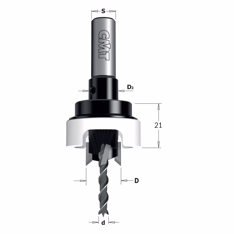Verzinker met diepte instelling, rechts D=15mm S=10mm A=90° d=4mm