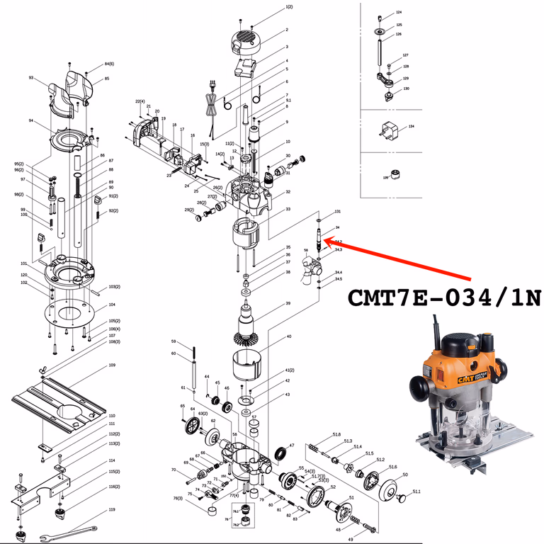 Metalen schacht met wormwiel voor hoogte regeling · CMT7E-034/1N
