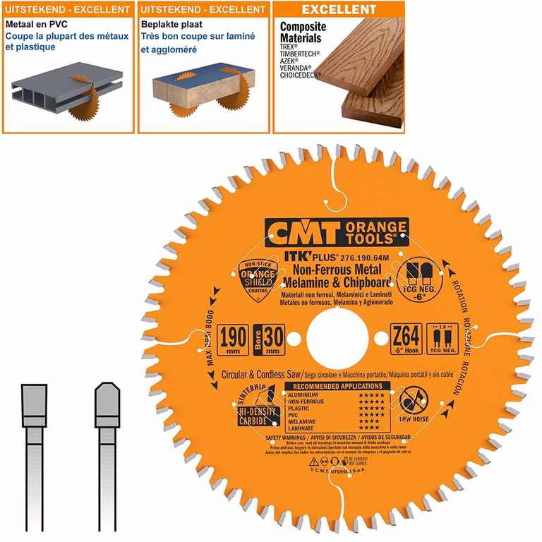 Dun zaagblad voor non-ferro metalen en hard materiaal D=190mm B=16mm K=1,8mm Z64