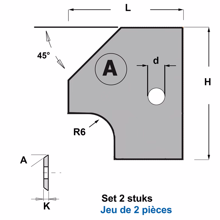 Profielmessen voor verstelbare afrond-/afschuinfrees A6 L=20mm K=2mm