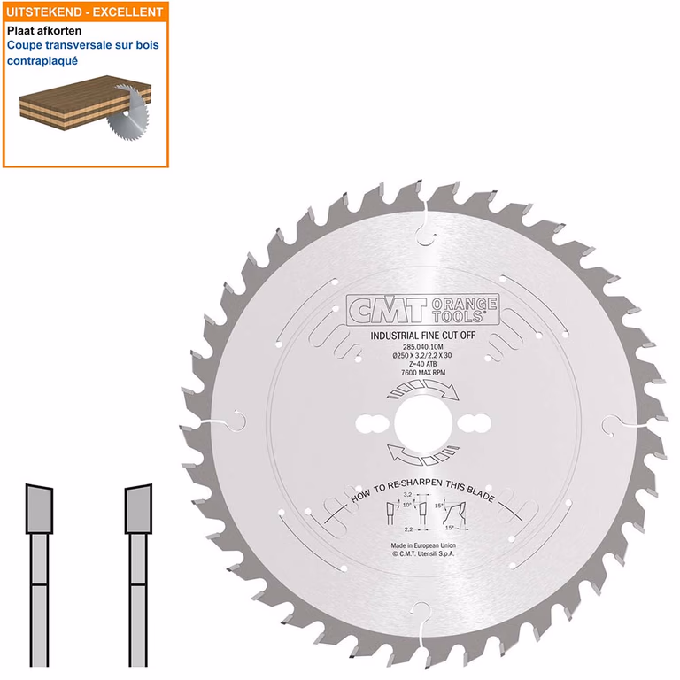 Afkortzaag met hardmetalen tanden geschikt voor hout D=250mm K=3,2mm P=2,2mm Z40 · 285.040.10M