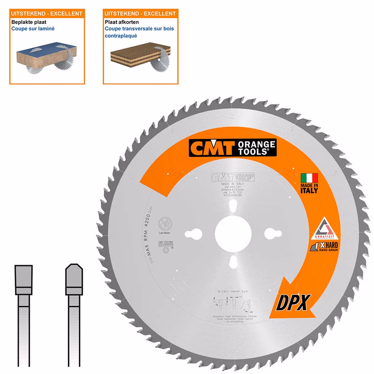 Plaatzaagblad met DPX hardmetalen tanden D=450mm B=60mm K=4,8mm P=3,5mm