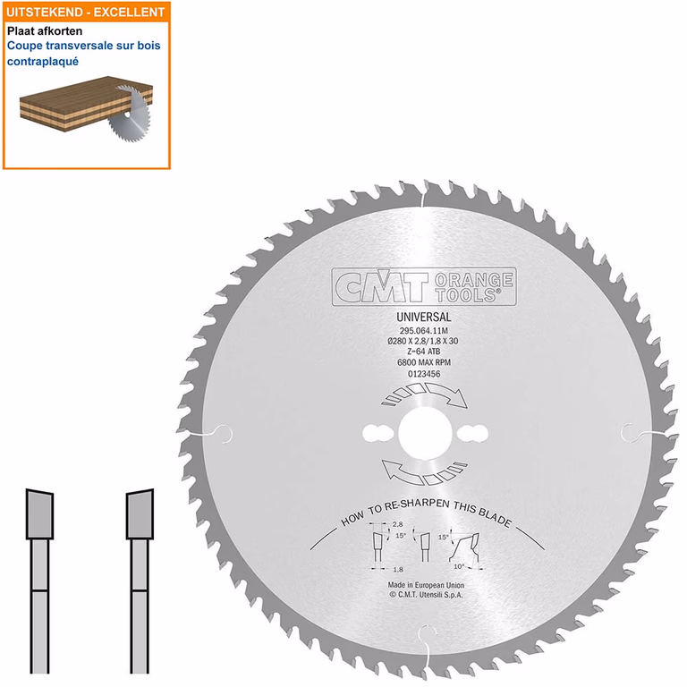 Afkortzaag met hardmetalen tanden geschikt voor hout D=280mm K=2,8mm P=1,8mm Z64